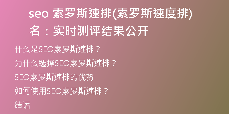 seo 索羅斯速排(索羅斯速度排名：實(shí)時(shí)測評結(jié)果公開)
