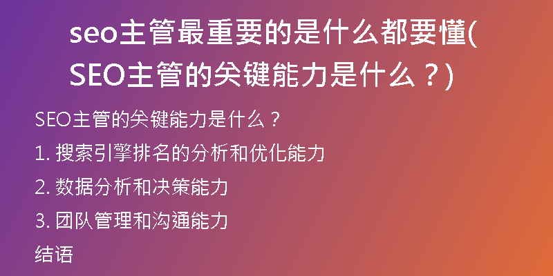 seo主管最重要的是什么都要懂(SEO主管的關(guān)鍵能力是什么？)